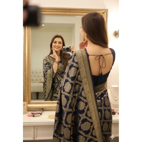 Women's Kanjivaram Pure Banarsi Silk Saree With Blouse Piece Golden Zari NWT - Picture 5 of 12